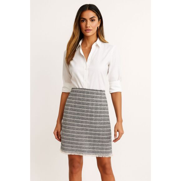 LOFT BLACK & IVORY STRIPED FRINGE HEM CAREER CASUAL TWEED MINI SKIRT SIZE:16 NWT - Picture 1 of 4